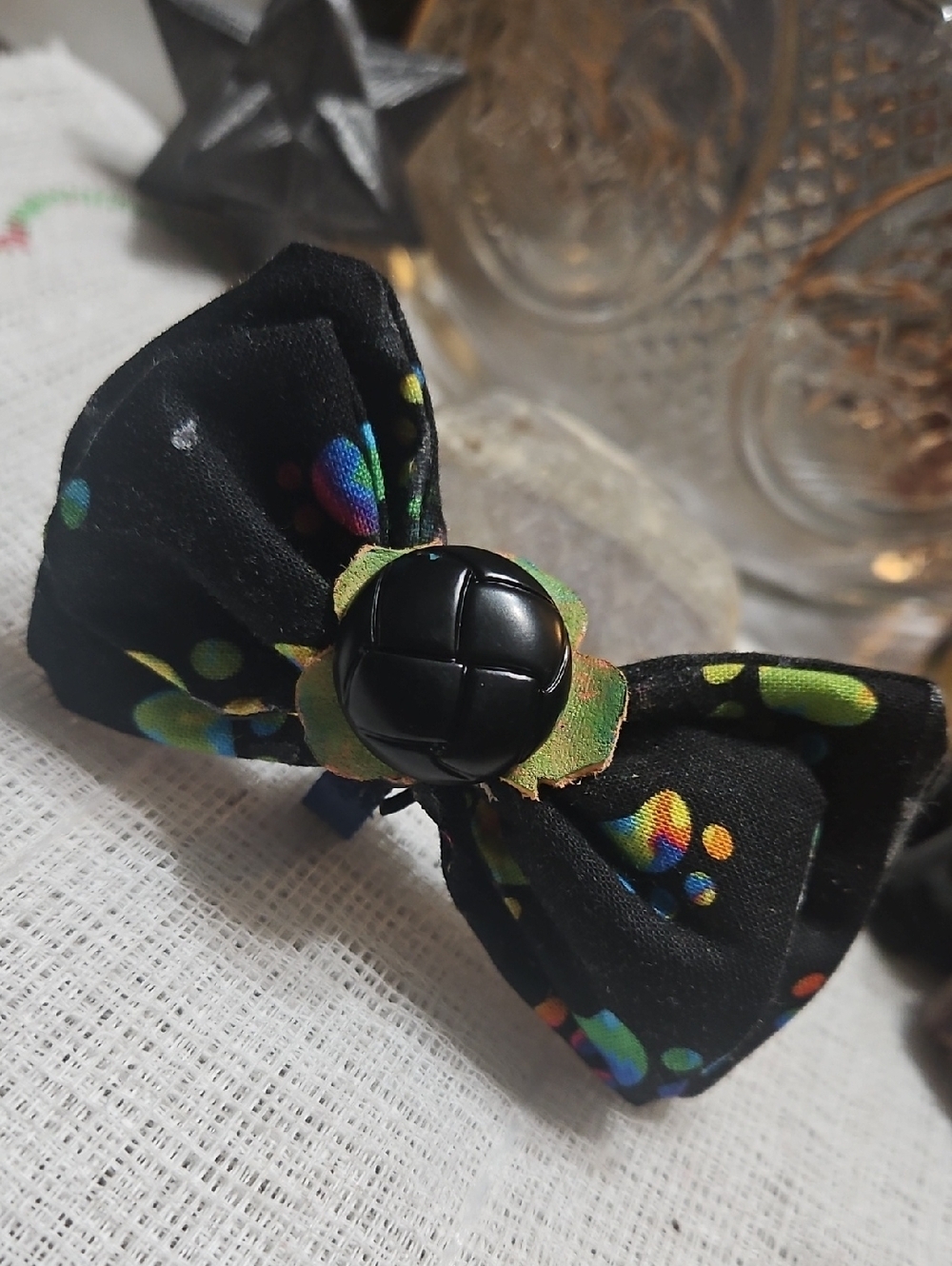 Handmade Black Dog Collar Bow Tie Neon Paw Prints Black Button NEW